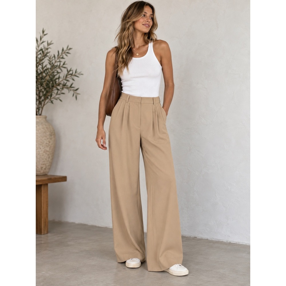 Favorite Daughter Tan Pleated High Rise Wide Leg Trousers Pants Size 2
